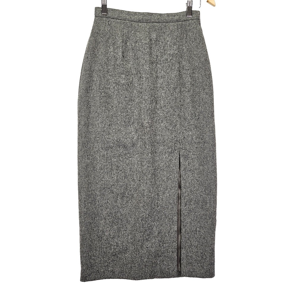 VTG Isaac Hazan 100% Wool Classic Midi Slit Pencil Skirt Size 26x35 Heather Grey
